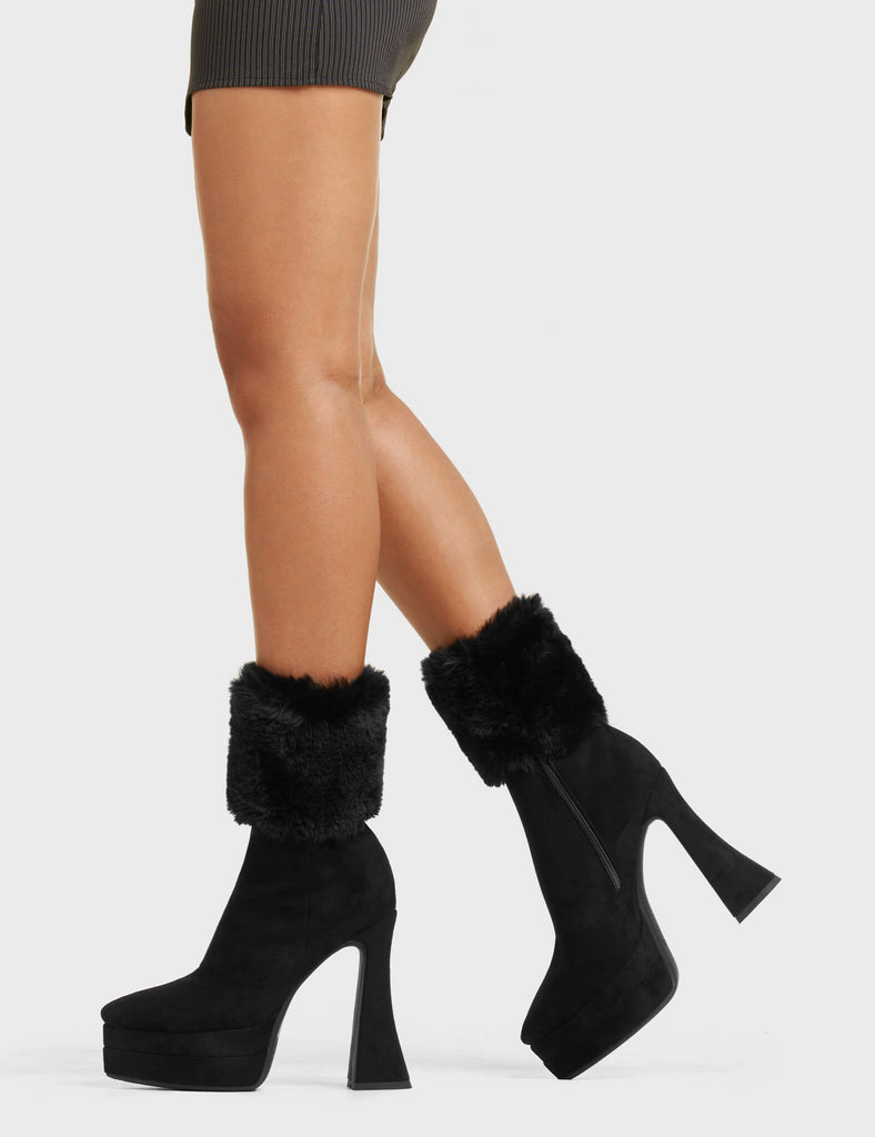 SWEET TOOTH
  
  Cupcake Platform Ankle Boots in Black faux suede. These platform boots feature a sleek look with a curved shaped heel. Also features exuberant fur detailing across the ankle, keeping it nice and classy. Made with eco-friendly materials and 100% cruelty-free, these platform boots are as ethical as they are chic.
  
  - Platform Height
  - Ankle length
  - Fur Detailing
  - Flared Heel
  - High Heel
  - Suede
  - 100% vegan
  
  SKU: LMF 5460 - BlackSUEDE/Fur