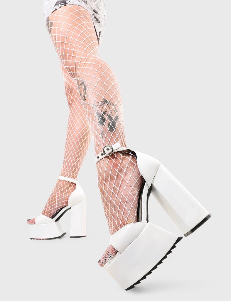 Slayin' the Game
  
  Cut Throat Platform Sandals in White faux leather. These platform sandals feature an adjustable white ankle strap with silver eyelets and 'O' ring shaped buckles, match with any outfit effortlessly. Made with eco-friendly materials and 100% cruelty-free!
  
  - Platform Height
  - Heel Height
  - Adjustable white ankle strap
  - Silver eyelets with 'O' ring shaped buckle
  - Platform sole
  - Shark's teeth grip
  - Round Toe 
  - 100% vegan 
  
  SKU: LMF 2677 - WhitePU