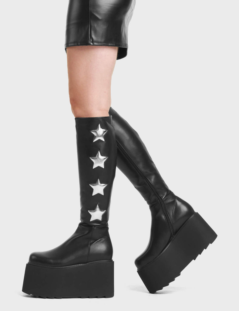 Extraterrestrial Platform Knee High Boots in Black. These Platform Knee High Boots feature Black Stars.