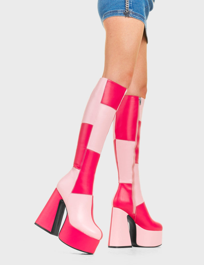 DISCO TIME
  
  Gemini Platform Knee High Boots in Pink and Fuchsia faux leather. These platform boots feature a pink and fuchsia patch work design with a flared heel, keeping it nice and classy. Made with eco-friendly materials and 100% cruelty-free, these platform boots are as ethical as they are chic.
  
  - Platform Height
  - Knee high length
  - Patch work design
  - Flared heel
  - High Heel
  - 100% vegan
  
  SKU: LMF 4487 - PinkPU/FuchsiaPU