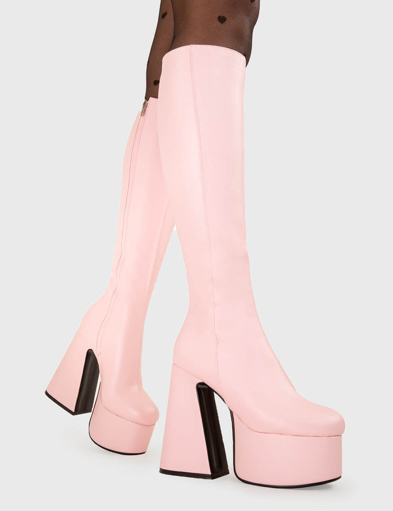 NICE AND SMOOTH
  
  Hate You Wide Calf Platform Knee High Boots in Pink faux leather. These platform boots feature a minimalist look with a Flared heel, keeping it nice and classy. Made with eco-friendly materials and 100% cruelty-free, these platform boots are as ethical as they are chic.
  
  - Platform Height
  - Knee high 
  - Flared heel
  - Wide calf
  - High Heel
  - 100% vegan 
  
  SKU: LMF 3355 - PinkPU - WIDE FIT