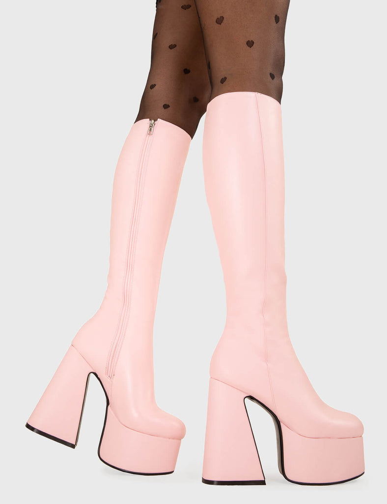 NICE AND SMOOTH
  
  Hate You Wide Calf Platform Knee High Boots in Pink faux leather. These platform boots feature a minimalist look with a Flared heel, keeping it nice and classy. Made with eco-friendly materials and 100% cruelty-free, these platform boots are as ethical as they are chic.
  
  - Platform Height
  - Knee high 
  - Flared heel
  - Wide calf
  - High Heel
  - 100% vegan 
  
  SKU: LMF 3355 - PinkPU - WIDE FIT