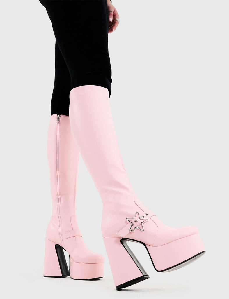 KEEPING IN CUTE
  
  I'm Your Star Platform Knee High Boots in Pink faux leather. These platform boots feature a minimalist look with a silver star buckle. Made with eco-friendly materials and 100% cruelty-free, these platform boots are as ethical as they are chic.
  
  - Platform Height
  - Knee high 
  - Silver star buckle
  - Flared heel
  - High Heel
  - 100% vegan 
  
  SKU: LMF 3359 - PinkPU
