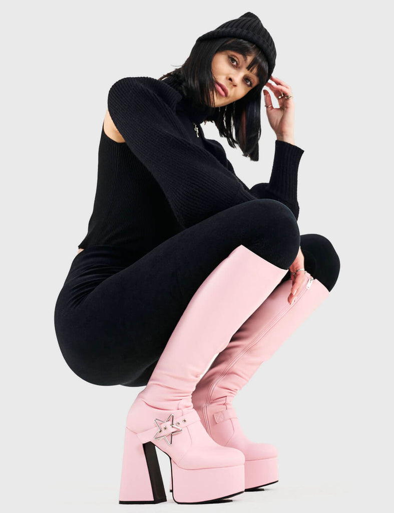 KEEPING IN CUTE
  
  I'm Your Star Platform Knee High Boots in Pink faux leather. These platform boots feature a minimalist look with a silver star buckle. Made with eco-friendly materials and 100% cruelty-free, these platform boots are as ethical as they are chic.
  
  - Platform Height
  - Knee high 
  - Silver star buckle
  - Flared heel
  - High Heel
  - 100% vegan 
  
  SKU: LMF 3359 - PinkPU