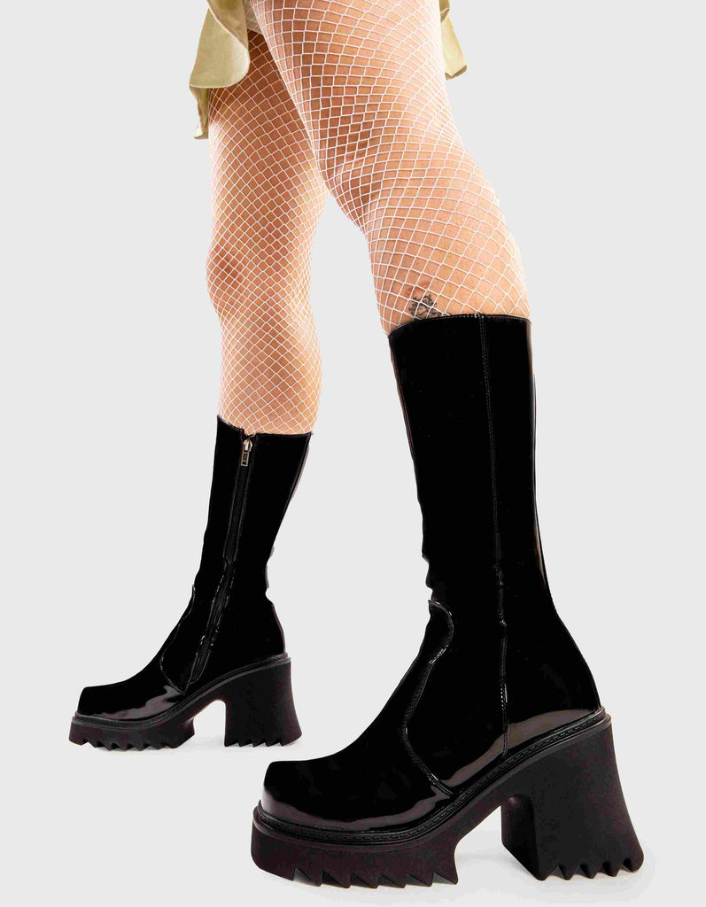Not Your Basic Boots
  
  Mind Pool Chunky Platform Calf Boots in Black Patent. These platform boots feature a minimalist design, with a chunky sole, the perfect way to elevate any look. Made with eco-friendly materials and 100% cruelty-free, these platform boots are as ethical as they are cool.
  
  - Platform Height
  - Heel Height
  - Black Zip
  - Shark's teeth grip
  - Chunky Platform sole
  - 100% vegan 
  
  SKU: LMF 2914 - BlackPAT