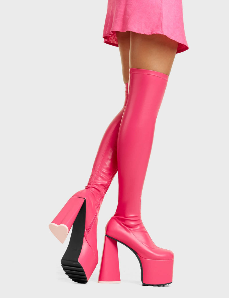 DON"T LEAVE
 
 Separate Platform Thigh High Boots in Fuchsia faux leather. These fuchsia vegan Platform Boots feature a stretch design on our platform sole which has a heart shaped heel and a pink heart at the bottom. Made with eco-friendly materials and 100% cruelty-free, these platform boots are as ethical as they are dominant!
 
 
 - Platform Height:
 - Fuchsia Zipper
 - Shark's Teeth Rubber Grip
 - Platform Sole
 - Square Toe
 - Pink Heart Detail
 - 100% vegan
 
 SKU: LMF 4909 - FuchsiaPU
