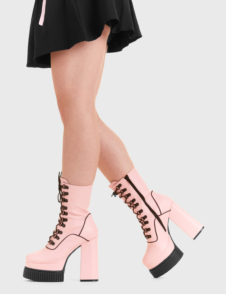 PRETTY IN PINK 
  
  Stargazer Creeper Platform Ankle Boots in Pink faux leather. These vegan western Boots feature a lace up design and Black stitch detailing. Made with eco-friendly materials and 100% cruelty-free, these boots are as ethical as they are trendy!
  
  
  - Heel Height 
  - Calf length
  - Black stitching
  - Black zip 
  - Rubber grip sole
  - Rounded toe 
  - 100% vegan 
  
  SKU: LMF 3966 - PinkPU