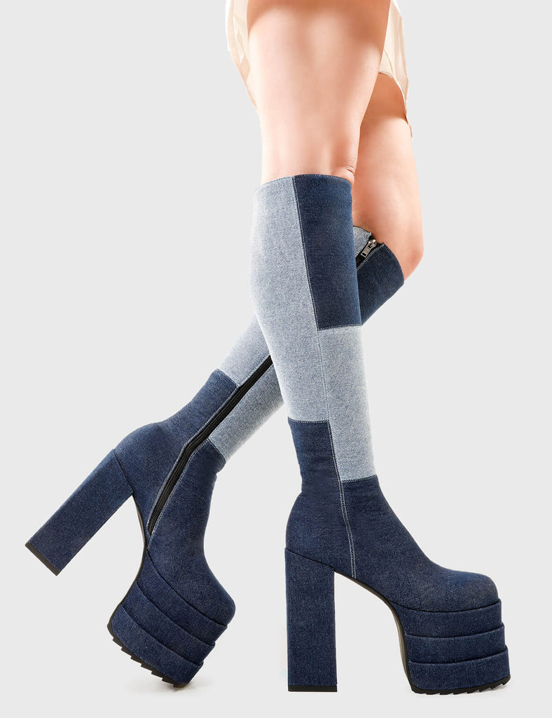 Denim Dolls

Talk Of The Town Wide Calf Platform Knee High Boots in Denim. These platform boots feature our iconic Denim finish on a double stack platform sole, take center stage with these jaw dropping boots. Made with eco-friendly materials and 100% cruelty-free, these platform boots are as ethical as they are Jaw dropping.

- Platform Height
- Heel Height
- Wide fit 
- Black Zip 
- Knee high length
- Shark's teeth grip
- Chunky Platform sole
- Round Toe 
- 100% vegan 

SKU: LMF 2701 - Denim - WIDE FIT