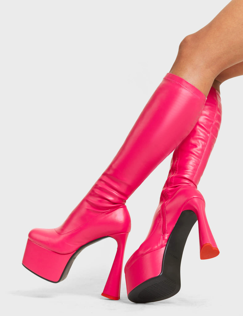 FOREVER TOGETHER
 
 Talk Platform Knee High Boots in Fuchsia Stretch faux leather. These platform boots feature on our platform sole and highlights our heart shaped heel with a red heart at the bottom. Made with eco-friendly materials and 100% cruelty-free, these platform boots are as ethical as they are Legendary!
 
 - Platform Height
 - Heel Height
 - Black Zip
 - Knee High Length
 - Stretch Upper
 - Platform Sole
 - Heart Heel
 - Heart Detail
 - Round Toe
 - 100% vegan
 
 SKU: LMF 4471 - FuchsiaPU