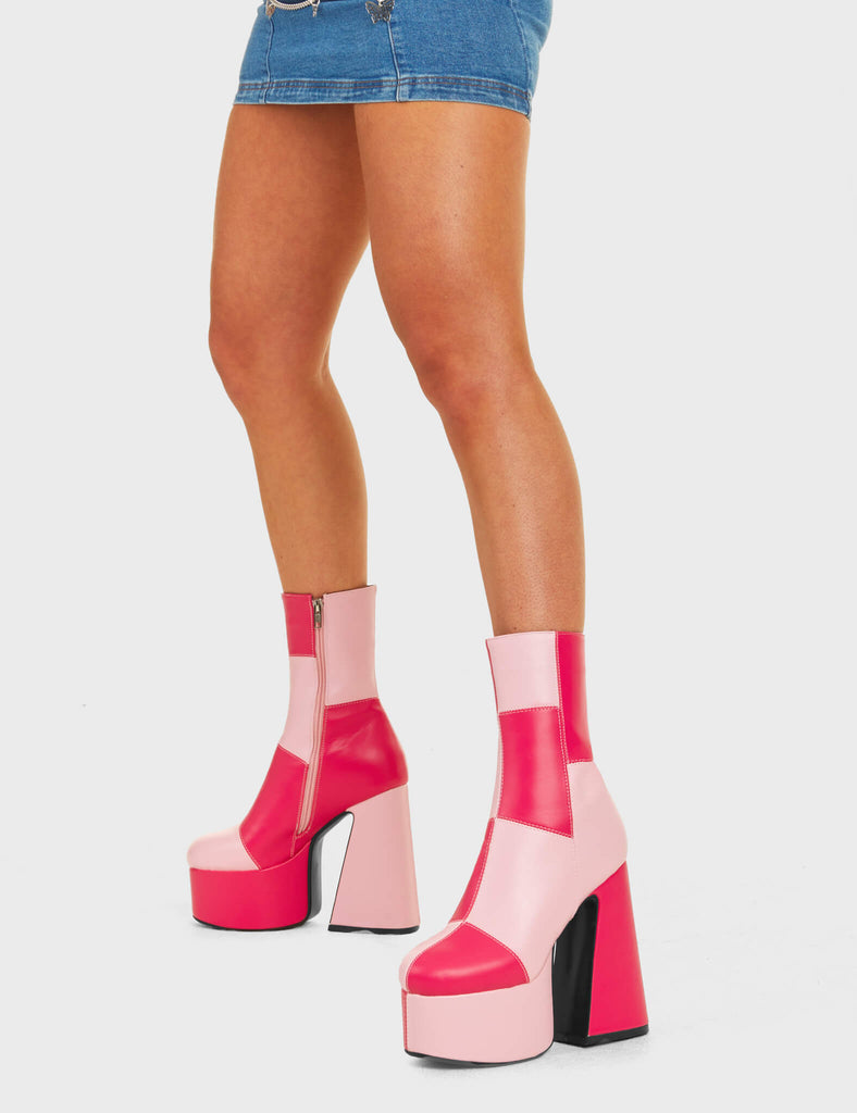 TIME TO TANGO
  
  These Girls Platform Ankle Boots in Pink and Fuchsia faux leather. These platform boots feature a Pink and Fuchsia patch work design with a triangle heel, keeping it nice and classy. Made with eco-friendly materials and 100% cruelty-free, these platform boots are as ethical as they are chic.
  
  - Platform Height
  - Knee high length
  - Patch work design
  - Triangle heel
  - High Heel
  - 100% vegan
  
  SKU: LMF 4486 - PinkPU/FuchsiaPU
