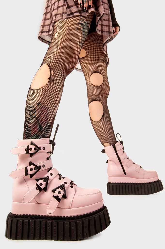 Solid Stompers

Unstable Chunky Ankle Creeper Boots in Pink faux leather. These pink Creeper Boots feature four adjustable black straps with triangular shaped buckles with black lace up detail, let the boots do the talking. Made with eco-friendly materials and 100% cruelty-free, these platform boots are as ethical as they are BOLD!

- Platform Height
- Four pink straps
- Black laces
- Black eyelets and triangular shaped buckles
- Chunky creeper sole
- Round Toe 
- 100% vegan 

SKU: LMF 2183 - PinkPU