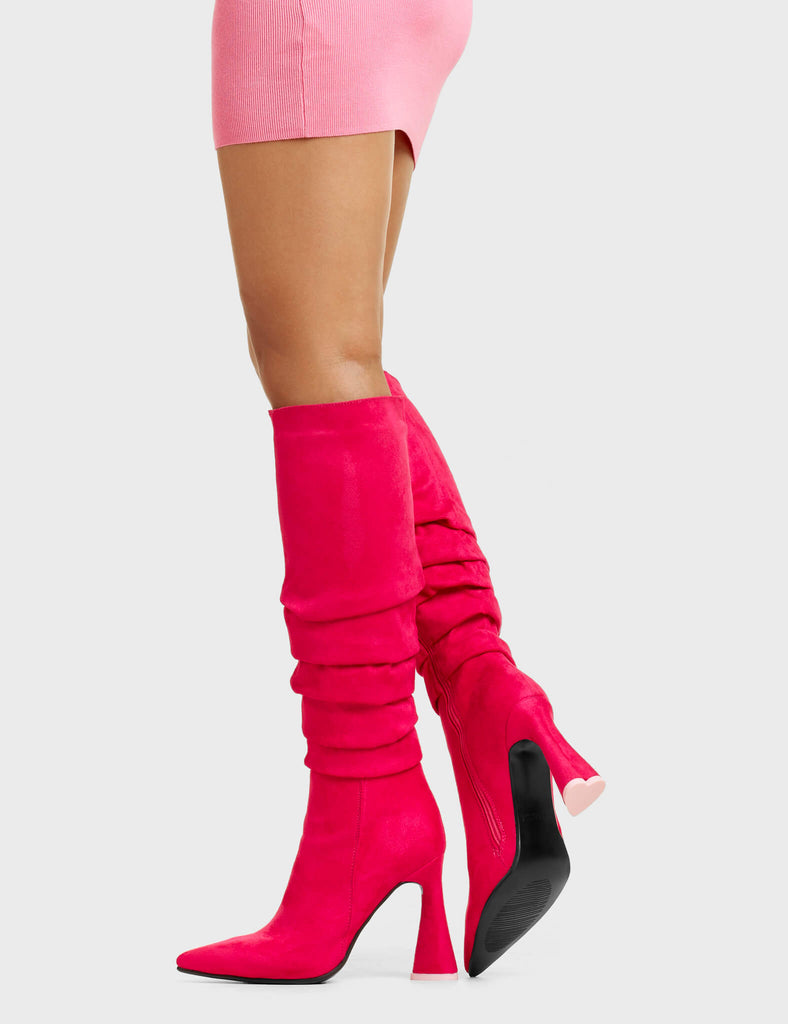 NO BURDEN
 
 Atomic Platform Knee High Boots in Fuchsia faux suede leather. These platform boots feature a chic look with layered upper and a heart shaped heel that also has a pink heart at the bottom, keeping it nice and classy. Made with eco-friendly materials and 100% cruelty-free, these platform boots are as ethical as they are chic.
 
 - Platform Height
 - Knee High length
 - Layered Upper
 - Heart Shaped Heel
 - Heart Detail
 - 100% vegan
 
 SKU: LMF 4823 - FuchsiaSUEDE