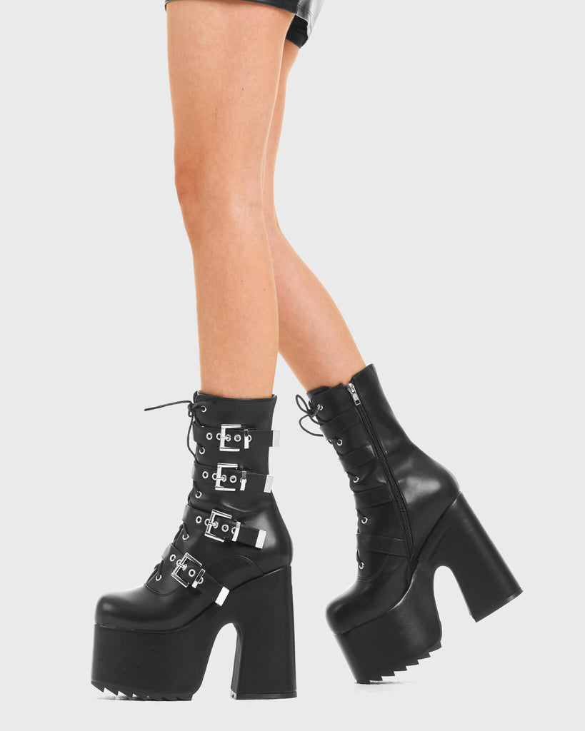 GRIND IT
  
  Work It Chunky Platform Ankle Boots in Black faux leather. These vegan boots feature a lace-up design, four adjustable straps and sliver square buckles. Made with eco-friendly materials and 100% cruelty-free, these boots are as ethical as they are flirty!
  
  
  - Heel Height 
  - Ankle length
  - Lace up design
  - Four adjustable straps 
  - Square heart buckles
  - Rubber grip sole
  - Rounded toe 
  - 100% vegan 
  
  SKU: LMF 3965 - BlackPU"